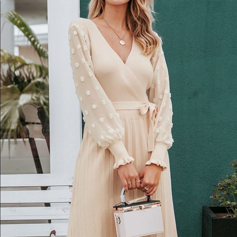 “The Gloria” Beige Pleated Sweater Dress - Picture 4 of 8